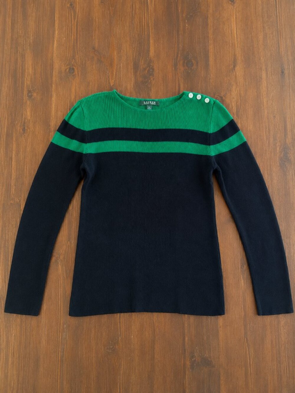 Lauren Ralph Lauren Ribbed Colorblock Button Shoulder Sweater Green Black L